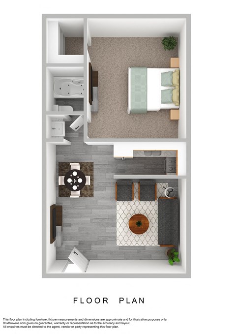 a stylized floor plan of a 1 bedroom floor plan
